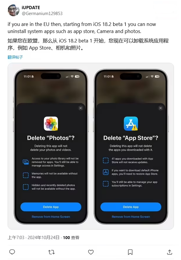 镇江苹果手机维修分享iOS 18.2 支持删除 App Store 应用商店 